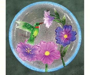 Songbird Essentials Decorative Hummingbird and Flowers Glass Bird Bath Bowl