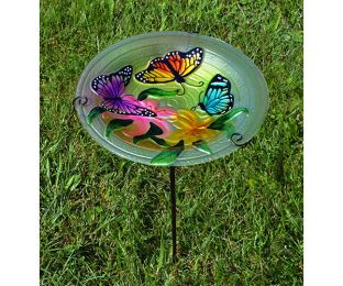 Songbird Essentials Embossed Butterfly Trio Glass Bird Bath/Feeder with Stake