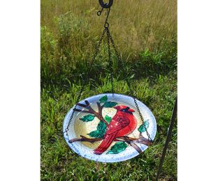 Songbird Essentials Embossed Majestic Cardinal Glass Hanging Bird Bath Bowl
