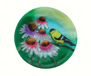 Songbird Essentials Decorative Goldfinch and Flowers Glass Bird Bath Bowl