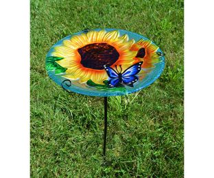 Songbird Essentials Embossed Blooming Sunflower Glass Bird Bath with Stake